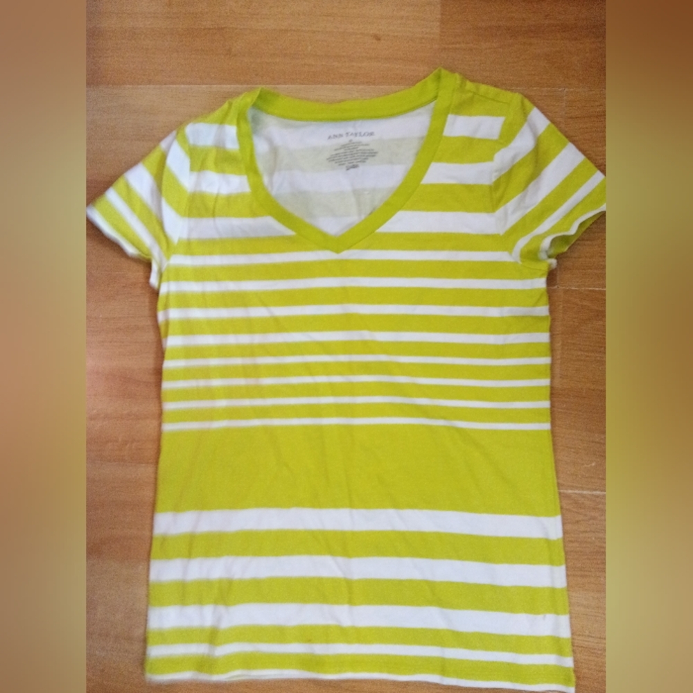 Ann Taylor Yellowish Green  & White Striped Top Size Small Pre-owned
